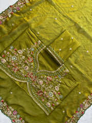 Party-wear Fendy Satin Silk Embroidery Butta Cutwork Border Saree