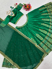 Gorgeous Green Malbari Silk Thread With Sequence Work Lehenga