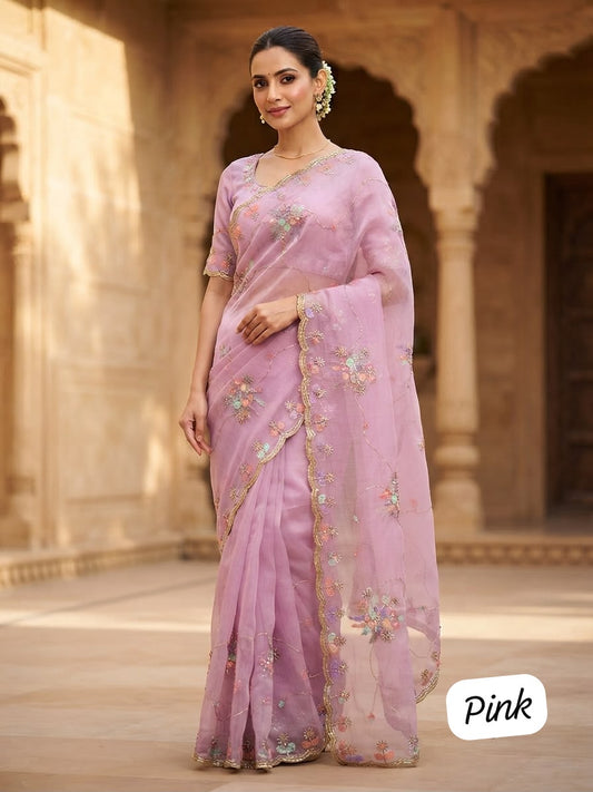 Beautiful Soft Lightweight Chiffon Zaal Sequence Multi Bungli Work Saree