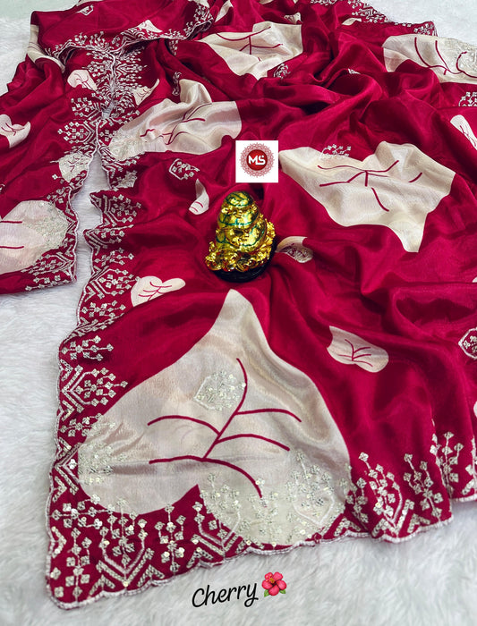 Beautiful Fancy Chinon Silk Sequence & Multi Embroidery Work Saree