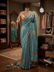 Beautiful Chinon Silk Embroidery & Handwork Saree With Stitched Blouse