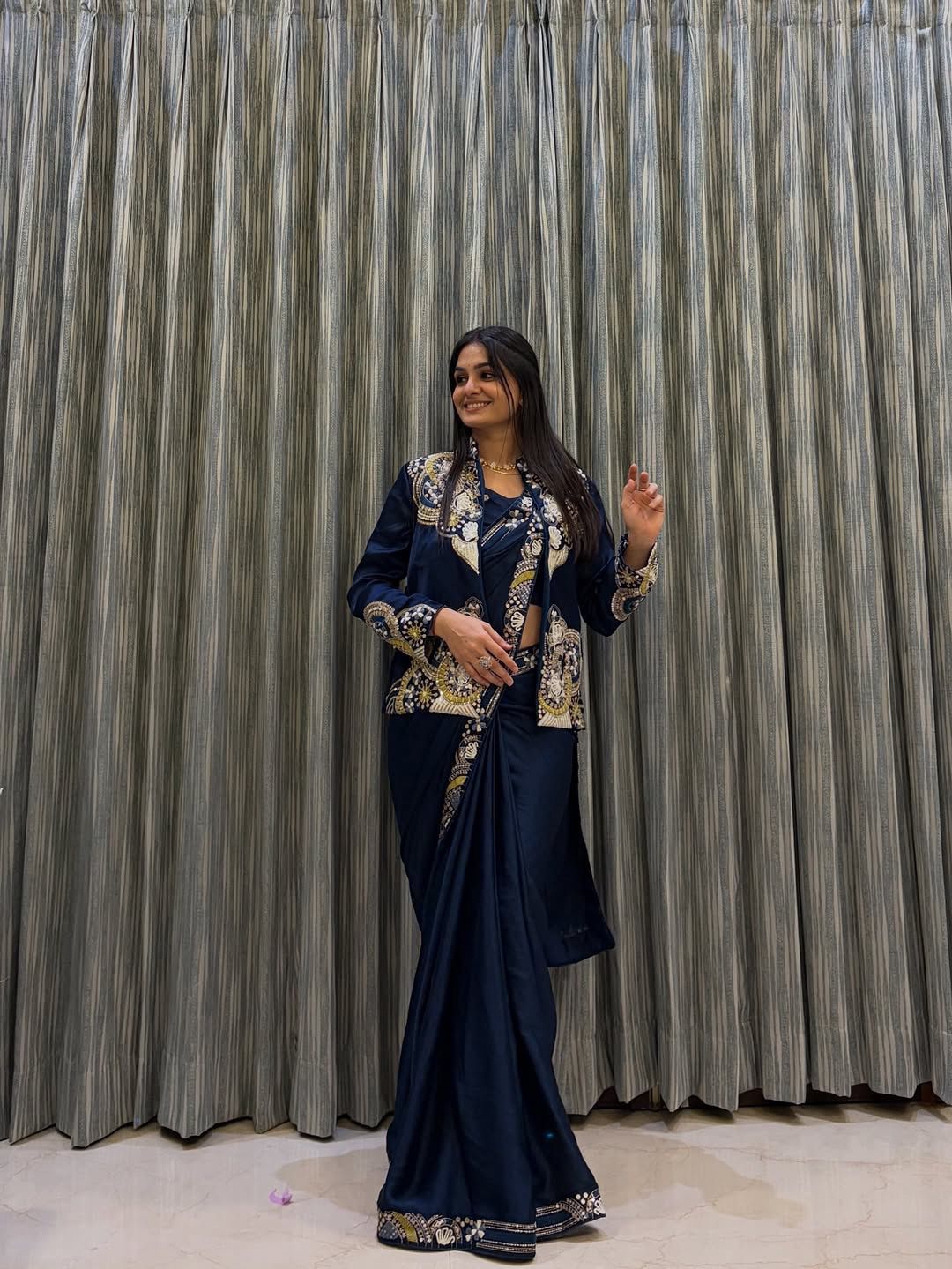 Designer Indo Western French Crepe Embroidery Work Lehenga Saree