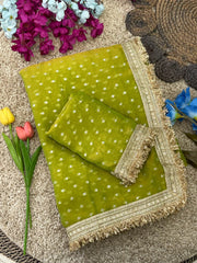 Party-wear Moss Fendy Chiffon Beautiful Silver Zari Weaving Saree