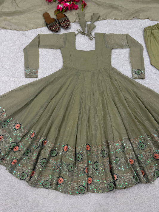 Beautiful Crunchy Silk Sequence Embroidery Work Anarkali Gown