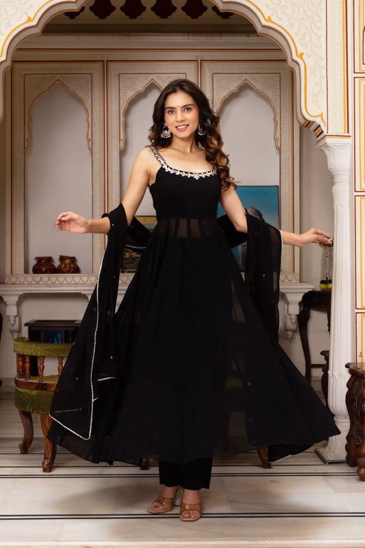 Elegant Black Colour Handwork & Real Mirror Work Gown