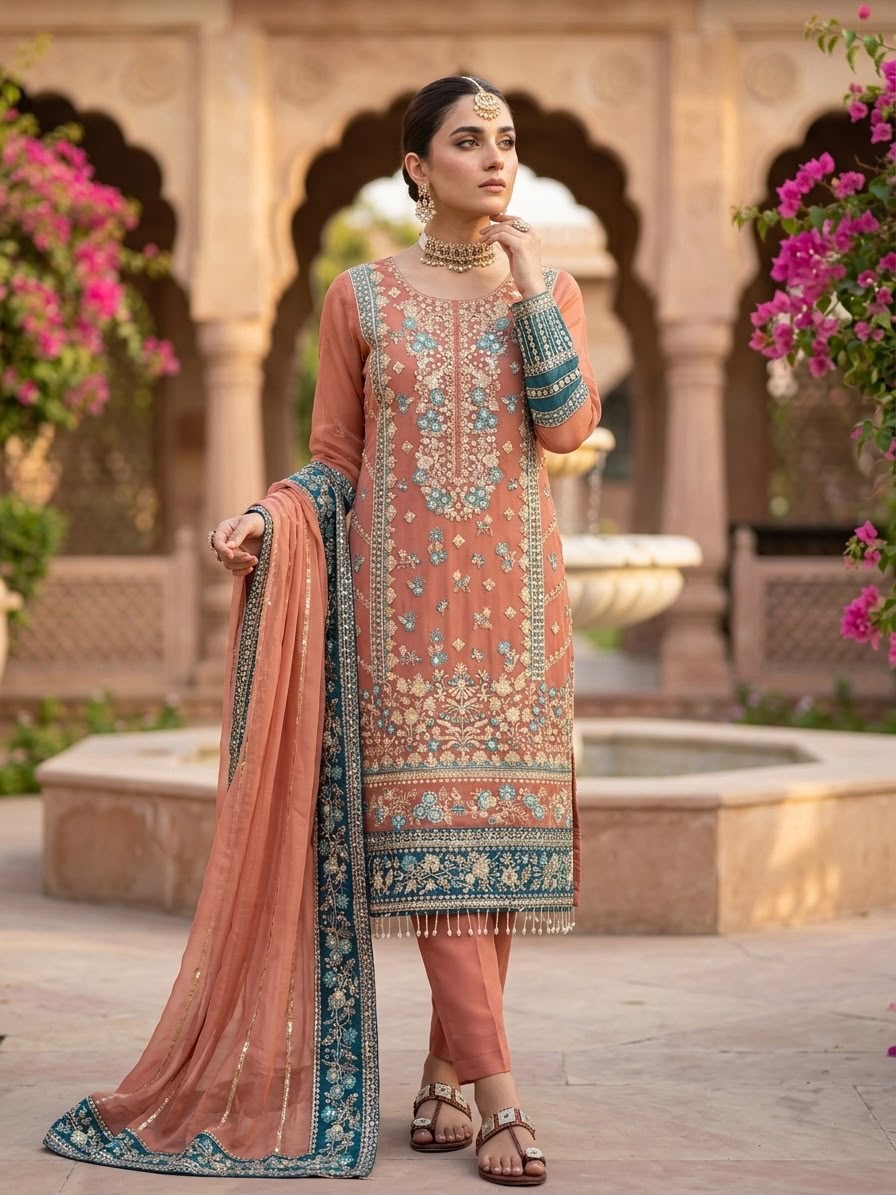 Pakistani Women’s Ethnic Georgette Embroidery Sequence Work Suit