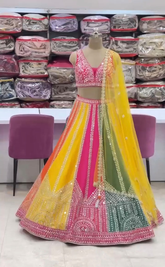 Party-wear Georgette Real Mirror Embroidery Work Multi Coloured Lehenga Choli