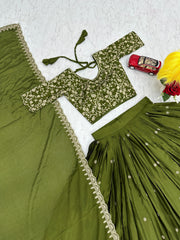 Festive Special Green Chinon Silk Embroidery Thread Work Lehenga Choli