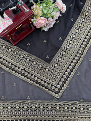 Beautiful Black Tibby Silk Sequence With Thread Work Saree