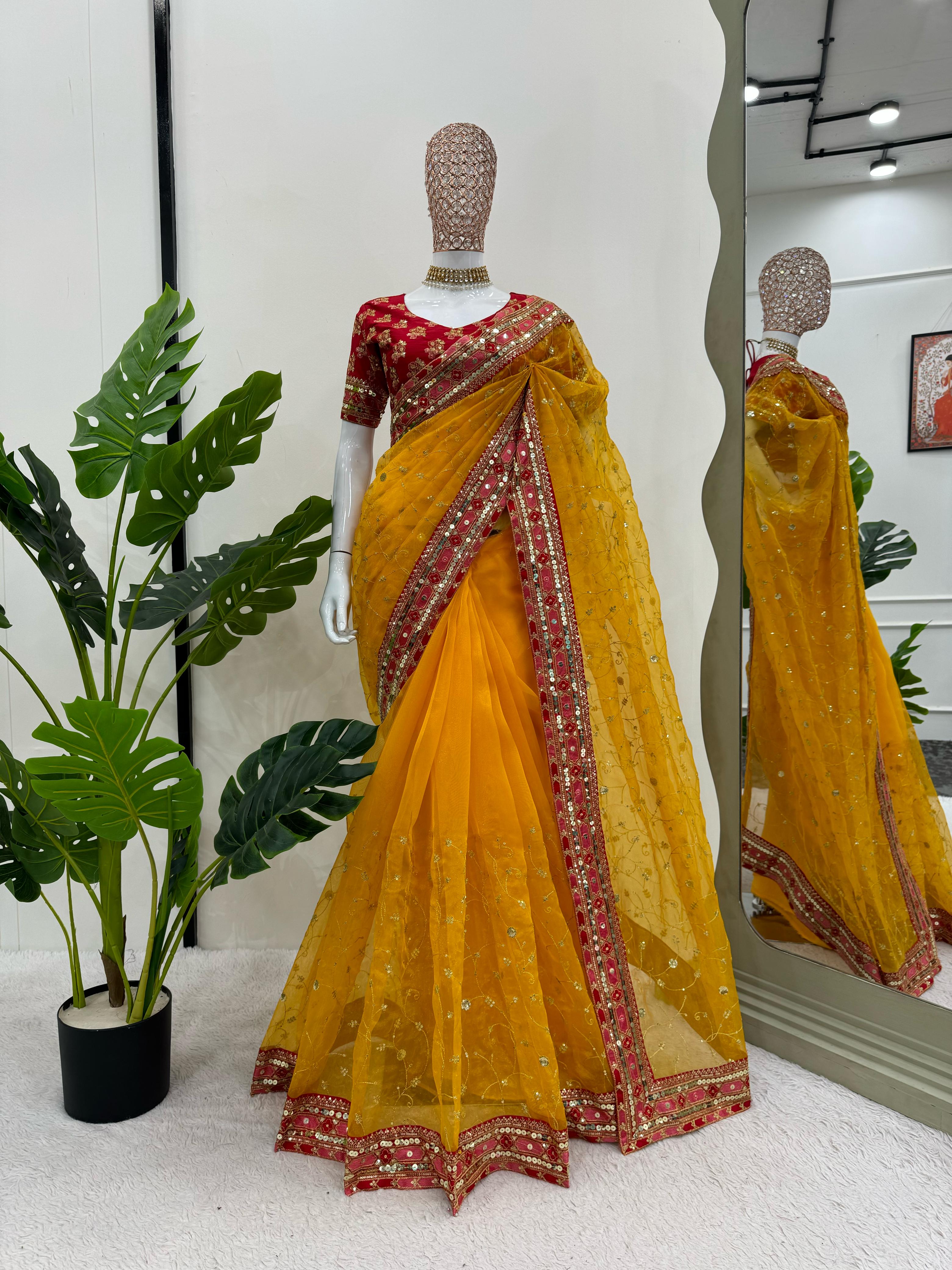 Beautiful Designer Yellow Organza Silk Saree
