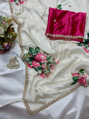 Beautiful Smooth Chinnon Embroidery Printed Work Saree