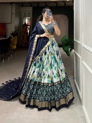 Exquisite Floral And Patola Print With Foil Work Tussar Silk Lehenga