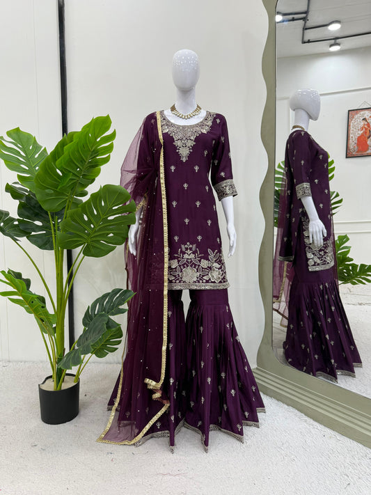 Beautiful Designer Chinon Silk Thread With Sequence Work Sharara