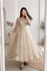 Festive Special Moss Butti Silk Pearls & Real Mirror With Handwork Anarkali Gown