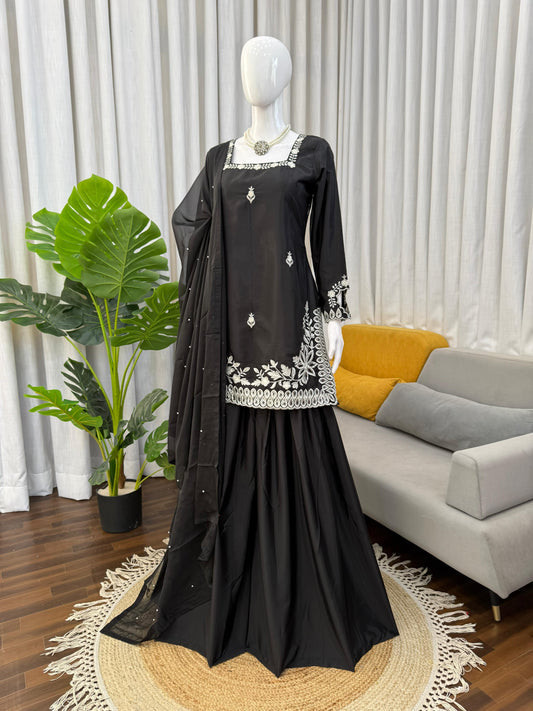 Elegant Black Natural Crepe Thread With Sequence Work Sharara