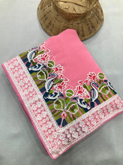 Beautiful Pink Party-wear Soft Georgette Embroidery Work Saree