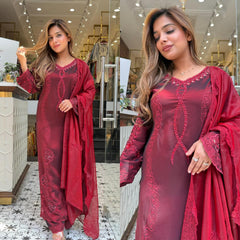 Party-wear Glass Roman Silk Sequence Embroidery With Cutwork Designer Suit