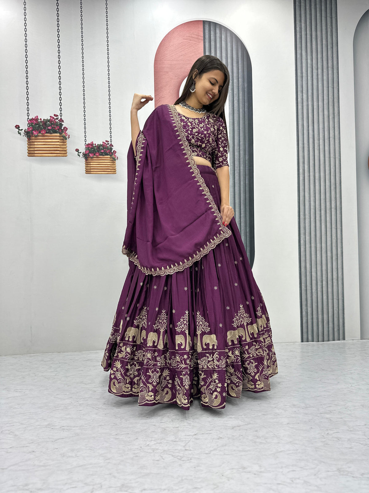 Beautiful Chinon Embroidery Thread Work Lehenga With Stitched Blouse