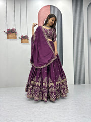 Beautiful Chinon Embroidery Thread Work Lehenga With Stitched Blouse