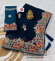 Beautiful Heavy Silky Blooming Georgette Multi Work Saree