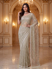 Party-wear Net Beads Sequence & Pearls Embroidery Work Saree