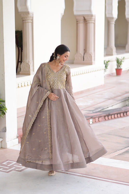 Beautiful Gold-Crush With Rich Sequins & Zari Embroidered Work Gown