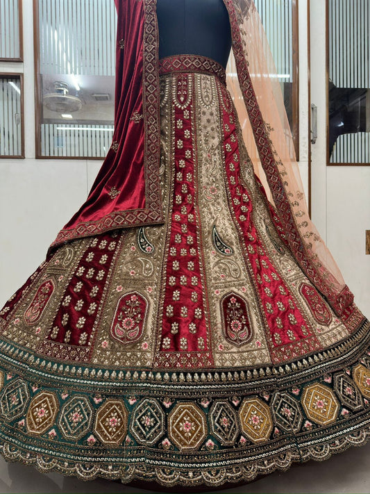 Heavy Pure Lycra Velvet Zarkan Work Multi Colour Double Duppata & Double Cancan Bridal Lehenga Choli