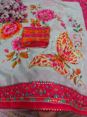 Beautiful Chinon Digital Printed With Real Mirror Work Saree