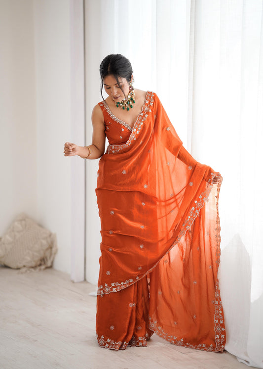 Trending Rust Fendy Silk Thread & Sequence Embroidery Work Saree
