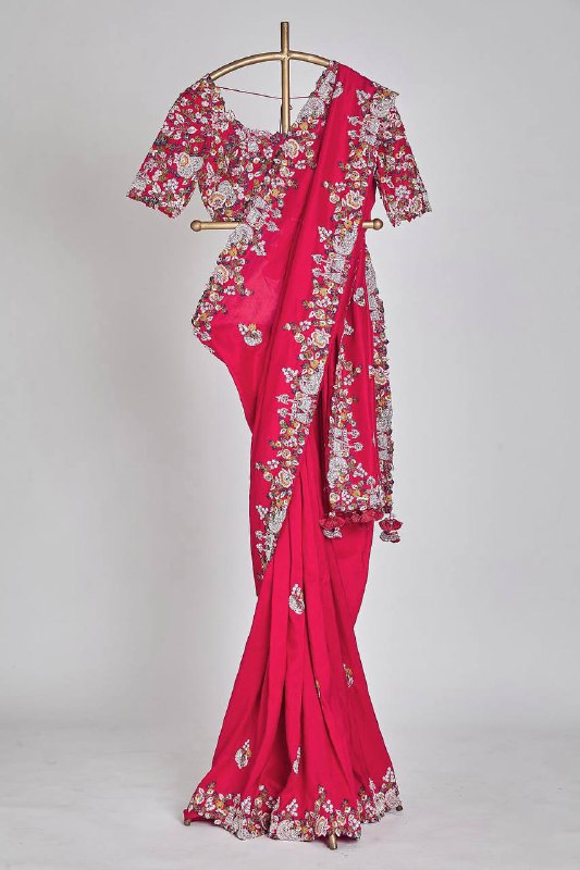Sizzling Pink Colour Vichitra Silk With Embroidery Work & Fancy Cut Work Border Saree