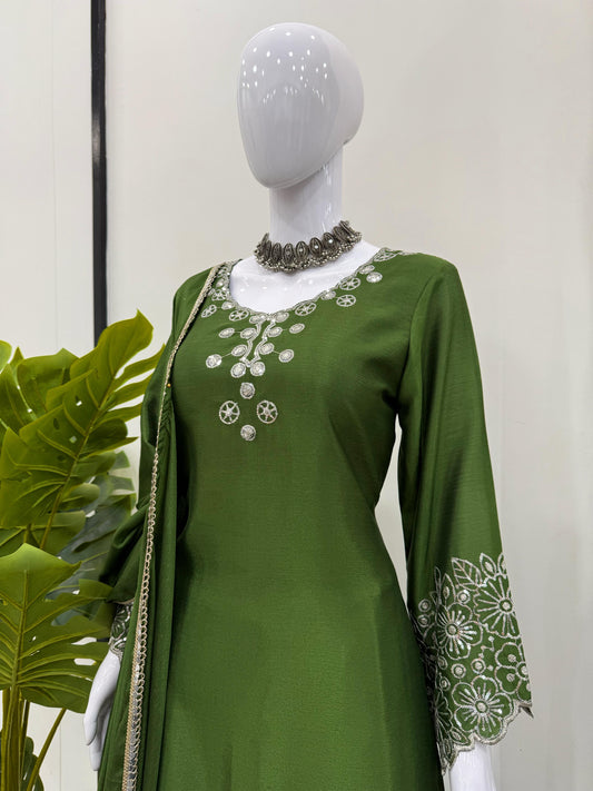 Party-wear Green Chinon Silk thread with Sequence Sharara