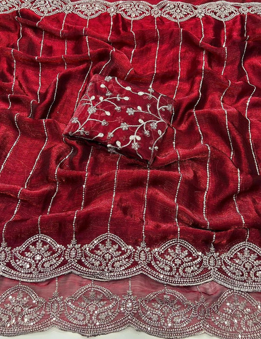 Party-wear Fendy Chiffon Silk With Beautiful Sequence Embroidery Work Saree