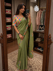 Beautiful Chinon Silk Embroidery & Handwork Saree With Stitched Blouse