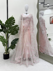 Beautiful Baby Pink Soft Net Thread Sequence work Saree With Dupatta