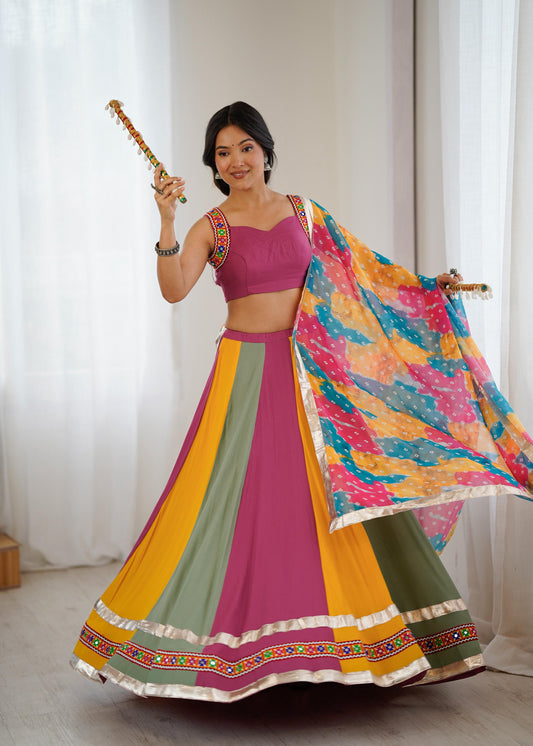Beautiful Rayon Gamthi Thread Work With Real Mirror Work Lehenga Choli