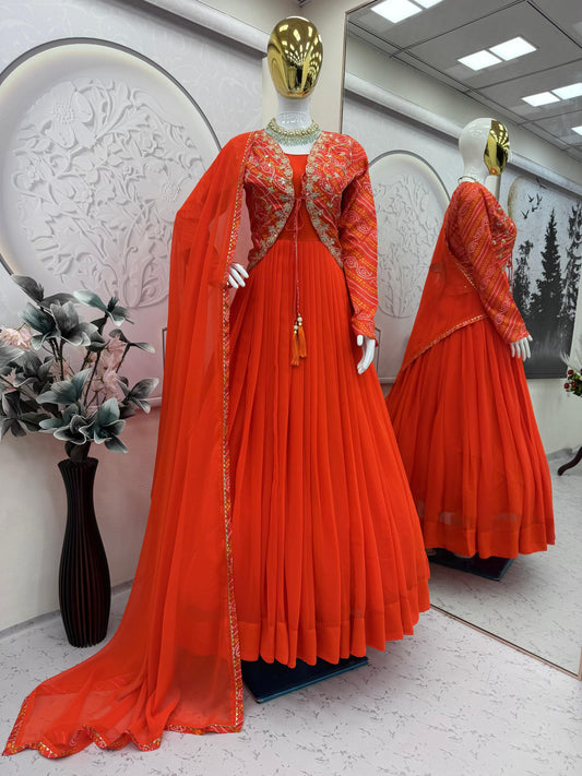 Designer Party Wear Bandhni Silk Embroidery Sequins & Codding Work Gown