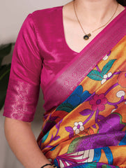 Beautiful Tussar Silk Printed With Zari Weaving Work Saree
