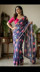 Beautiful Smooth Chinnon Embroidery Printed Work Saree