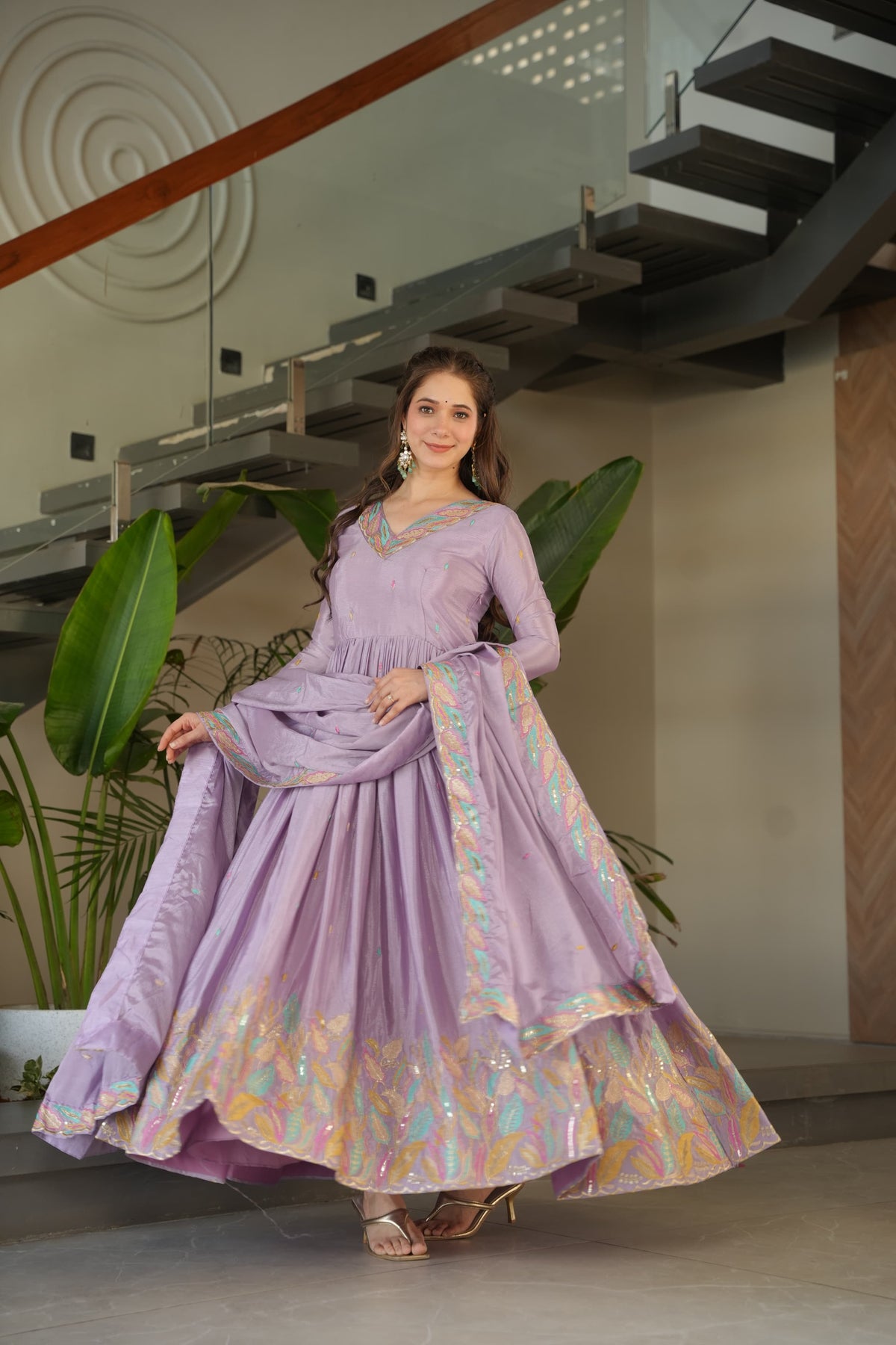 Beautiful Chinon With Rich Sequence & Multi Thread Embroidered Gown