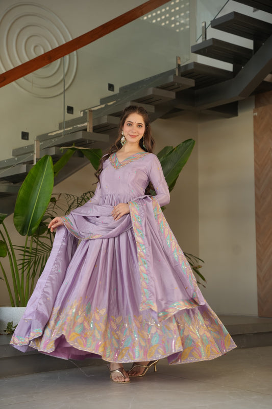 Beautiful Chinon With Rich Sequence & Multi Thread Embroidered Gown