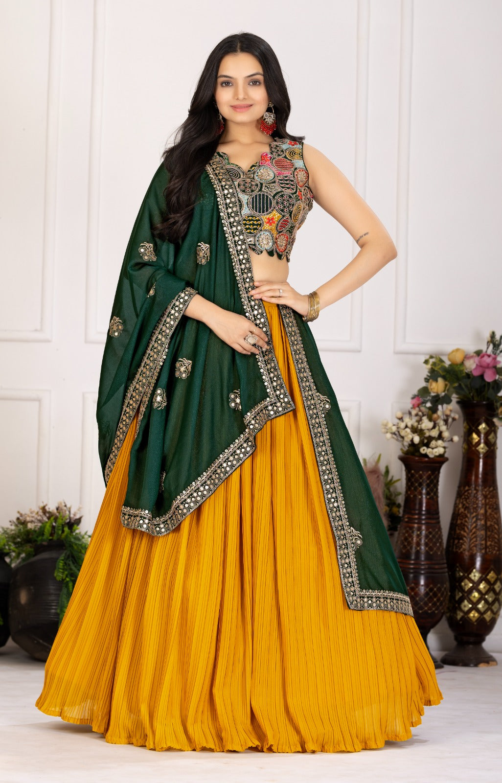Beautiful Haldi Special Georgette Plain With Crease Work Lehenga Choli