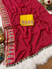 Beautiful Viscose Check With & Golden Zari Work Dulha & Dulhan Designer Saree