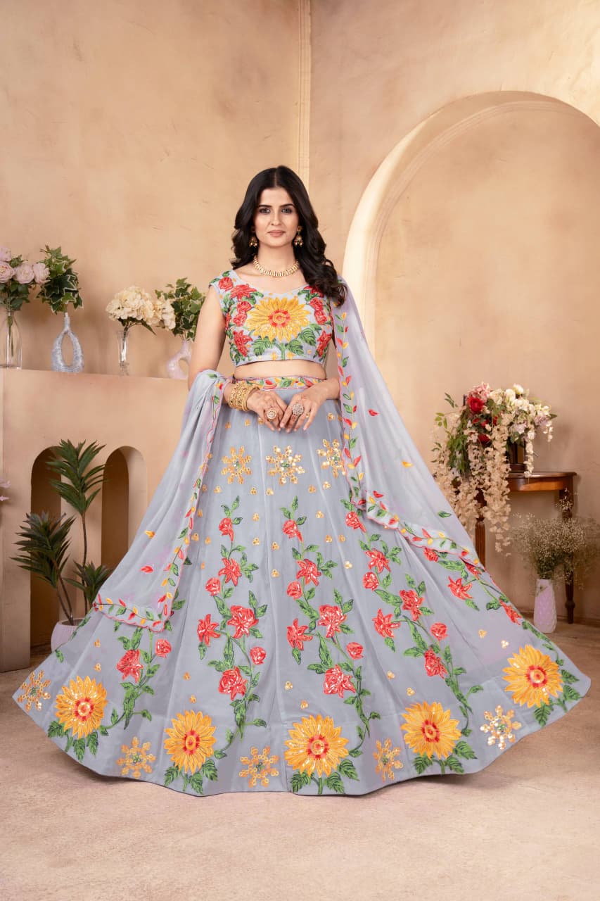 Beautiful Grey Vibrant Floral Sequence & Thread Embroidery Work Lehenga Choli
