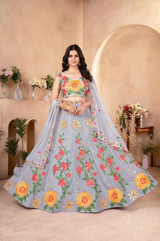 Beautiful Grey Vibrant Floral Sequence & Thread Embroidery Work Lehenga Choli