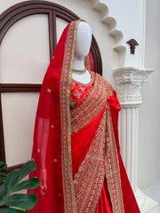 Red Bridal Special Japan Satin Thread & Coding Sequence Work Saree With Dupatta
