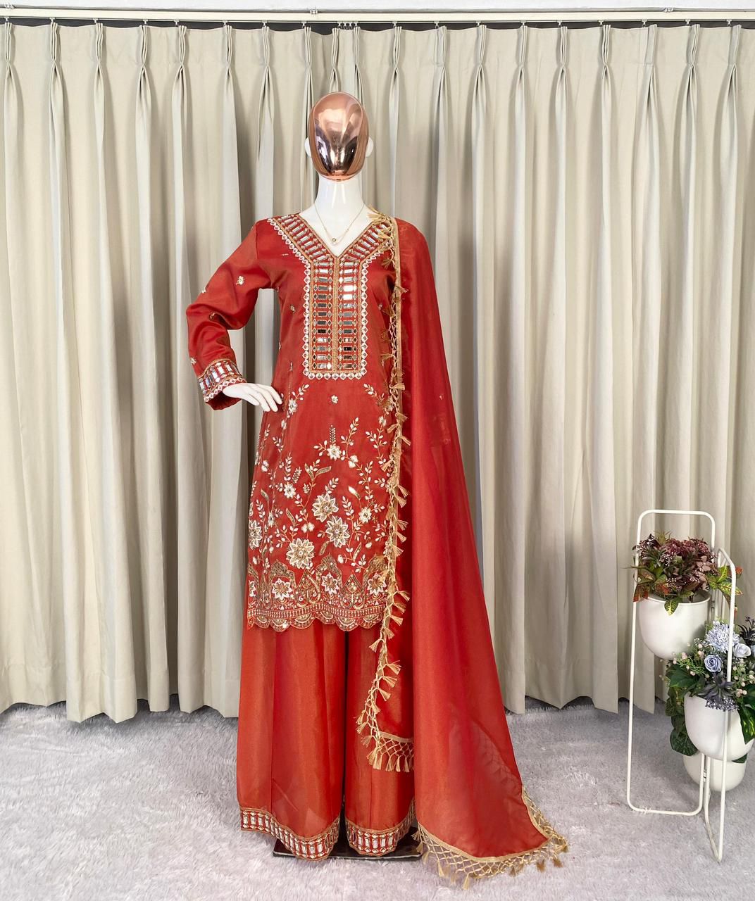 Festive Special Cosmos Silk Real Mirror With Embroidery Work Sharara