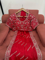Beautiful Designer Red Chinon Silk Party-wear Saree