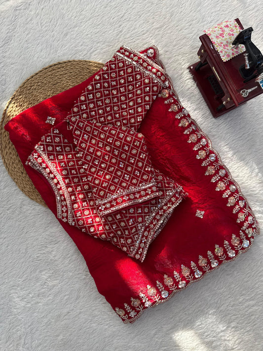 Trending Designer Cherry Red Fendy Silk Beads Thread & Sequence Work Saree