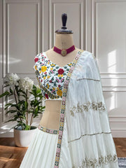 Party-wear White Chinon Silk Embroidery Sequence Thread Work Designer Lehenga Choli