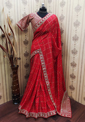 Heavy Designer Vichitra Silk Sequence Embroidery Work Saree
